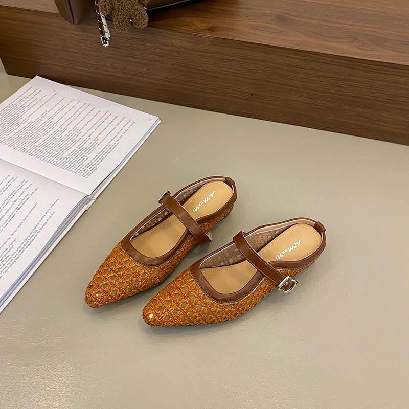 Inner height increase retro woven bag head half slippers women's shoes outer wear 2025 new summer hollow Mary Jane sandals