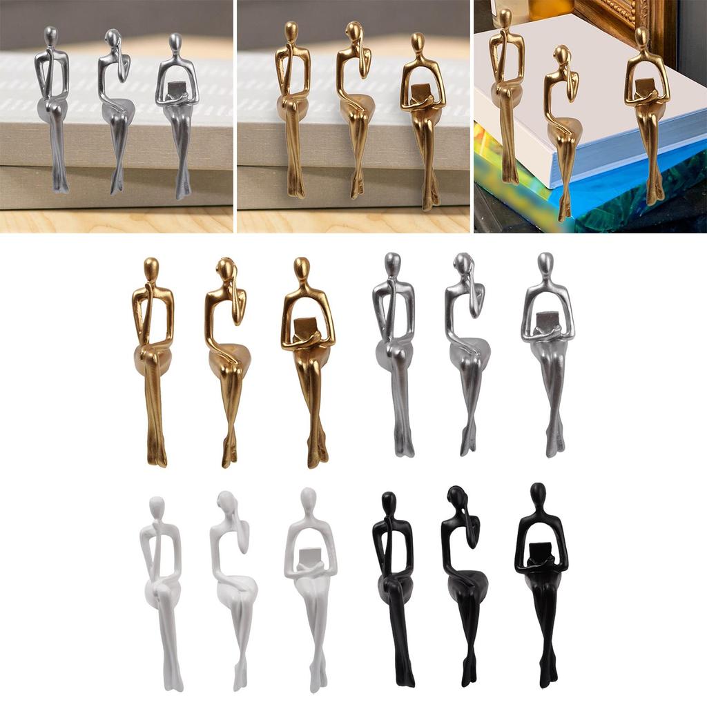 3x Sitting Thinker Statue Sitting Posture Figurine for Table Bookcase Decor