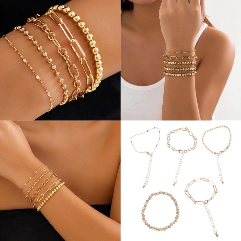 Pack of 5 Handmade Metal Beaded Bracelet Set Stackable Beaded Hand Chain Elegant Jewelry Gift For Any Occasion