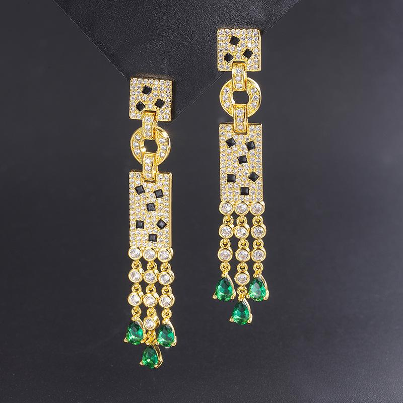 Cross Border Hot New Tassel Earrings With Silver Gold-plated Micro Inlaid Emerald Simulated Batch