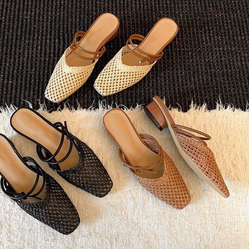 Holiday style retro hand-woven bag head mop outside women's word with middle heel bag head cool slippers soft