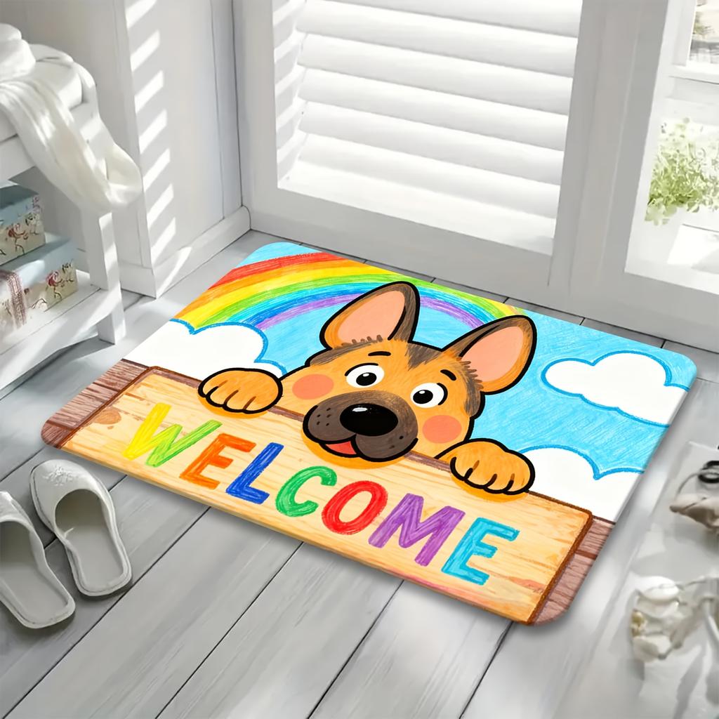 Cartoon Canine Illustration Doormat Sky Blue White Rainbow Polyester Hand Wash Only 80x50cm Decorative Use