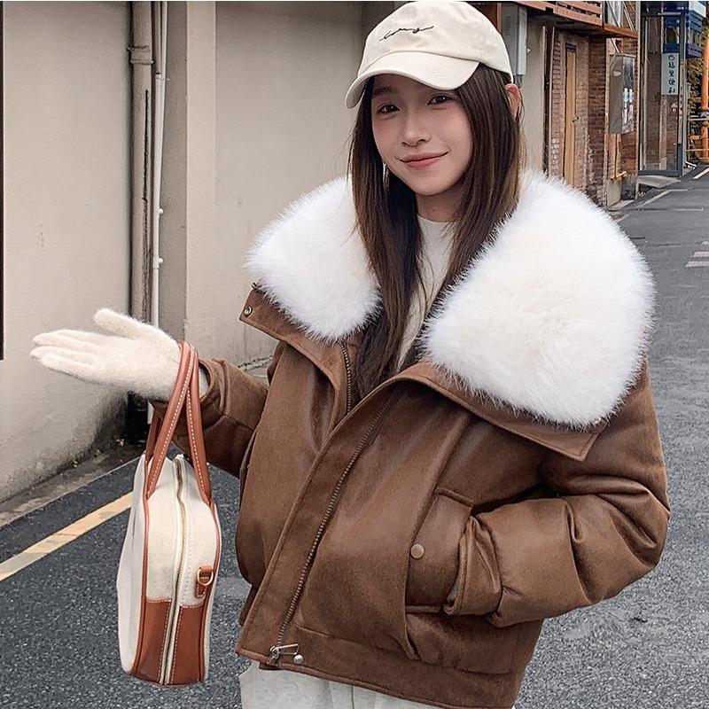 New cotton-padded women's short fluffy lapel cotton-padded women's clothing winter new simple cotton-padded jacket trendy coat