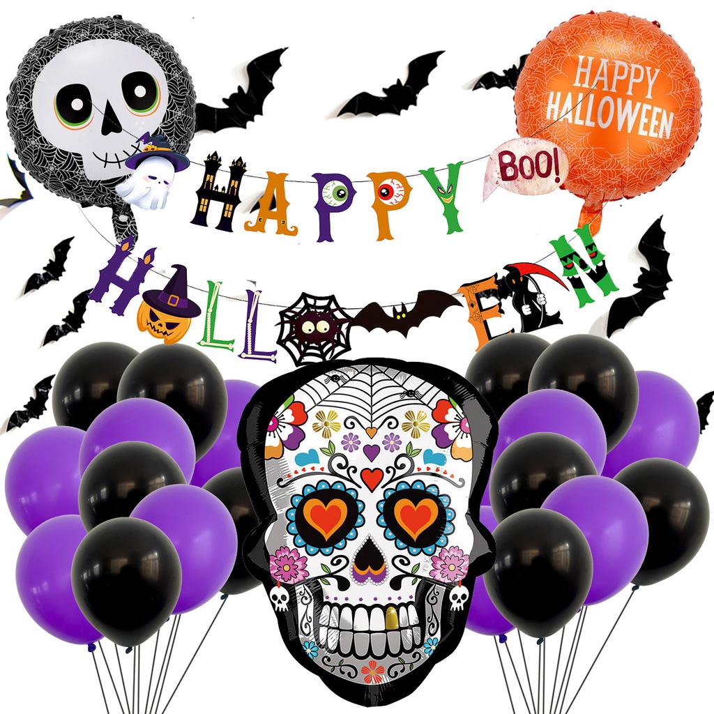Halloween Pumpkin Aluminum Film Balloon Set Skull Bat Wall Sticker Flag Atmosphere Decoration