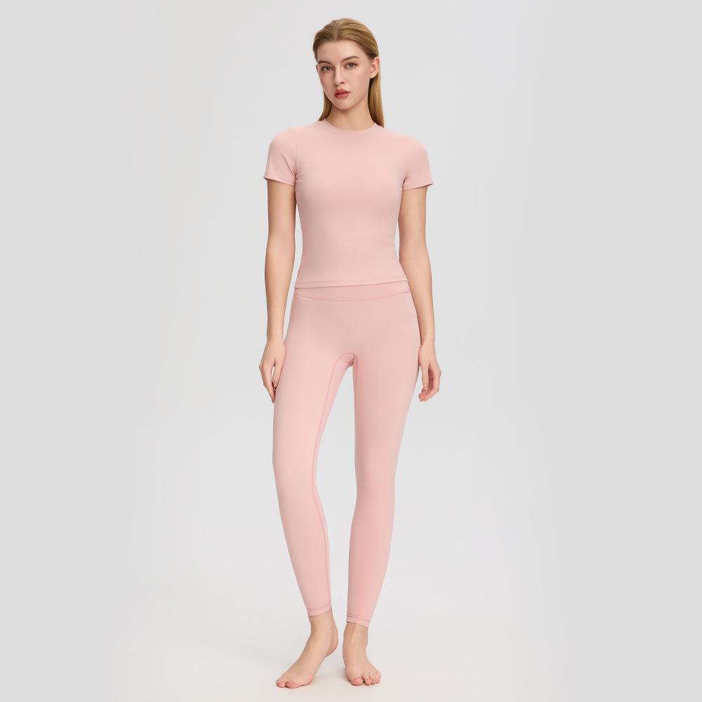 Bare-Feel Five-Piece Yoga Set: Long & Short Sleeve Tops, Chest Pads, Tight Slimming High-Waisted Pants.