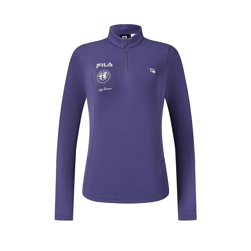FILA Ski Series Fleece Lined Warm Fashion Slim Fit Simple Casual Sports Knit Long Sleeve T-Shirt Women Tops Ding-Rui-Purple A11W546204FDP