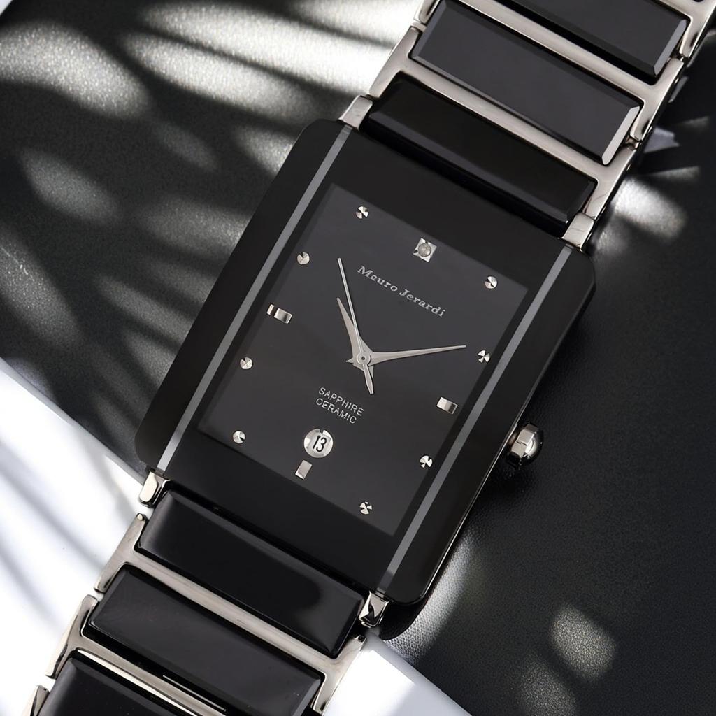 Roestvrij Staal Keramiek Luxe Saffier 1 Natuurlijke Diamant [Mauro Gerardi] Herenhorloge, & Armband, MJ3080-2
