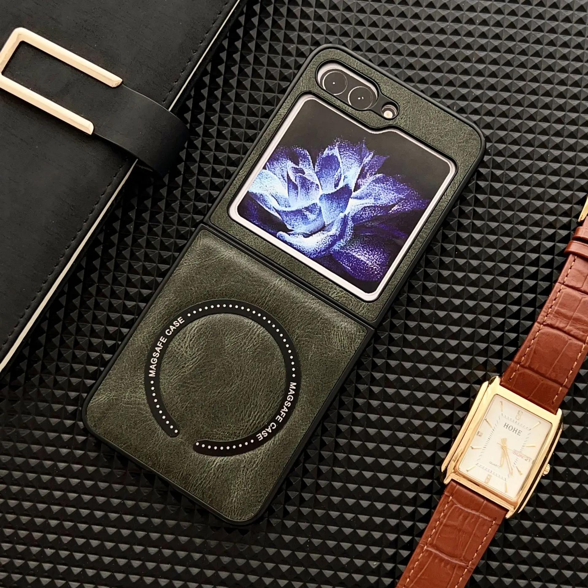 

для Magsafe Magnetic Leather Case для Samsung Z Flip 6 5 4 3 5G Противоударный защитный чехол для Galaxy Z Flip6 Flip5 Flip4 Galaxy Z Flip6 зелёный