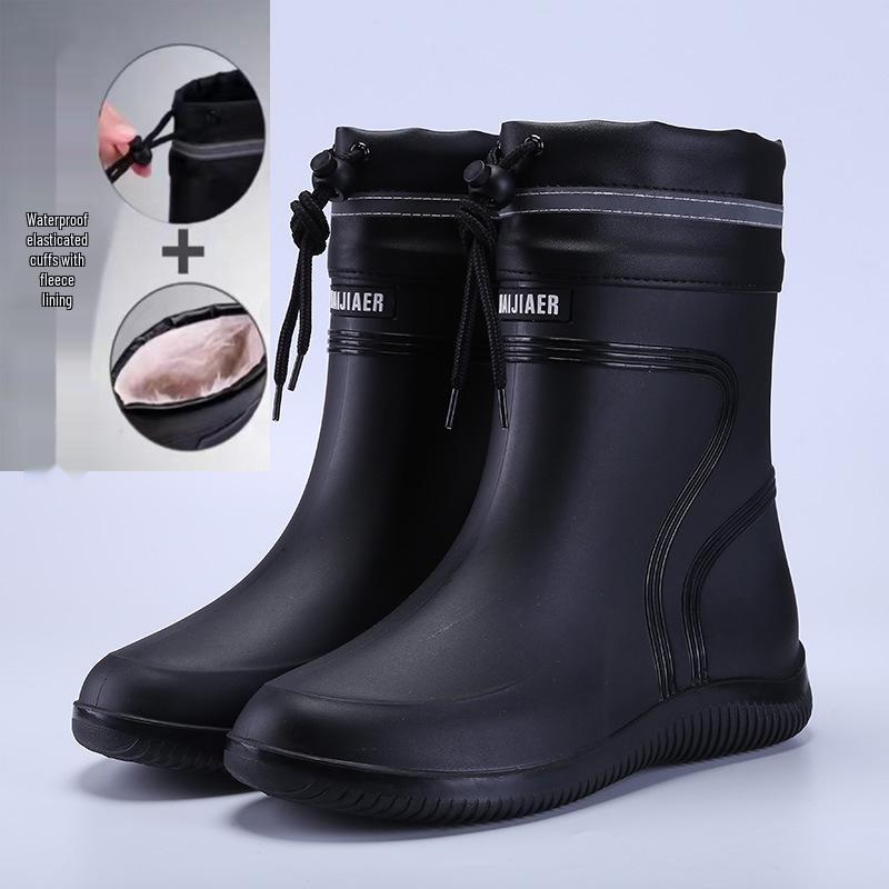 Premium Unisex Waterproof Rain Boots, New Cuff Design, Short/Mid-Calf Length, Drawstring Closure, Non-Slip Rubber Sole.