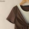 ZANZEA Women Casual Round Neck Short Sleeve Summer Patchwork Blouse