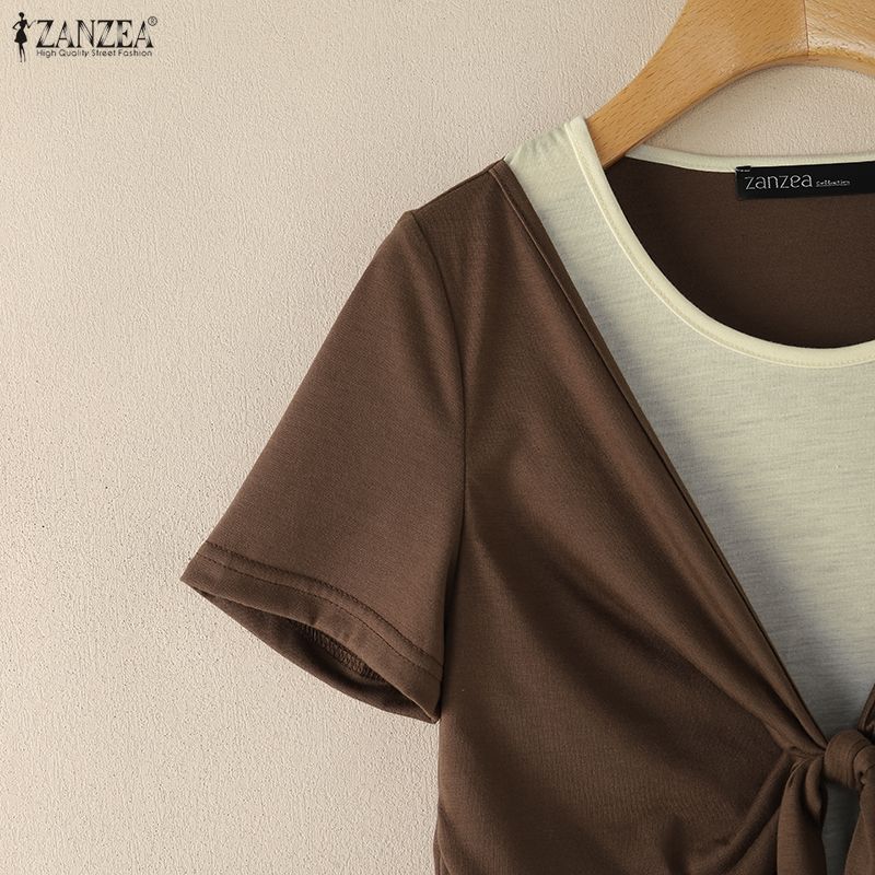 ZANZEA Women Casual Round Neck Short Sleeve Summer Patchwork Blouse