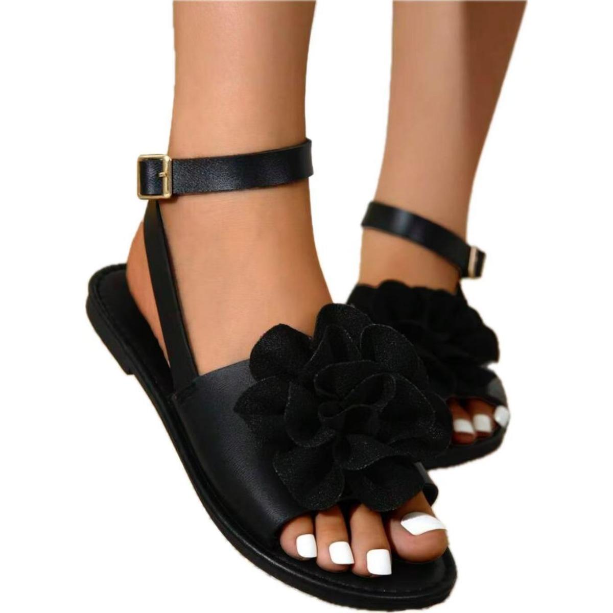 

Женские повседневные туфли на плоской подошве, ремешок с пряжкой и цветочным узором, бант на щиколотке, один ремешок, модные сандалии, подходят для летнего отдыха на открытом воздухе 36 чёрный