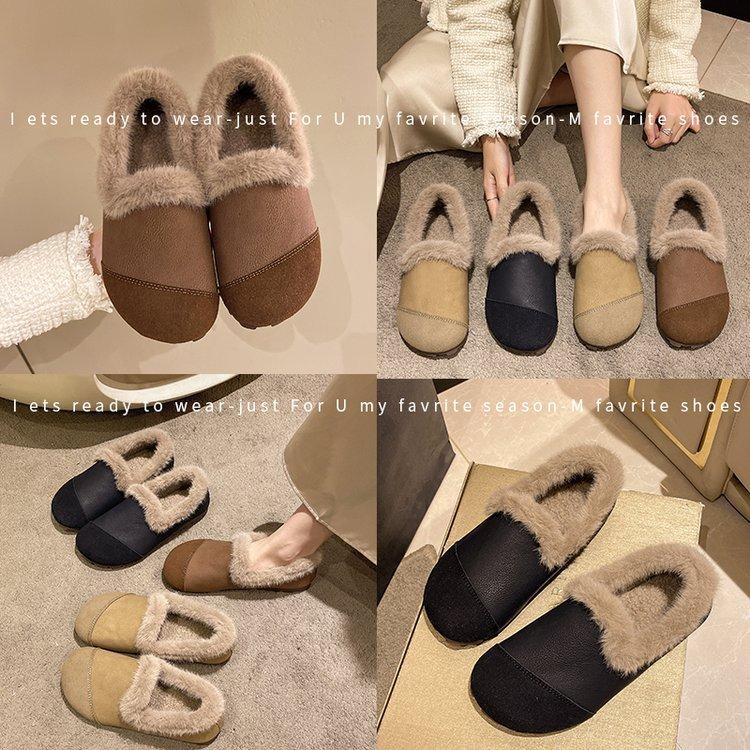 [Youshilai] Elegant Retro Shallow Loafers Women's Winter 2025 New Soft-soled Plush Casual Cotton Shoes