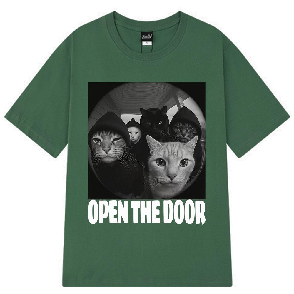 Open The Door Funny Cats Meme Tshirt Men Women Hip-hop Clothing T-shirts Short-sleeved Loose Casual Cotton T-shirts Streetwear