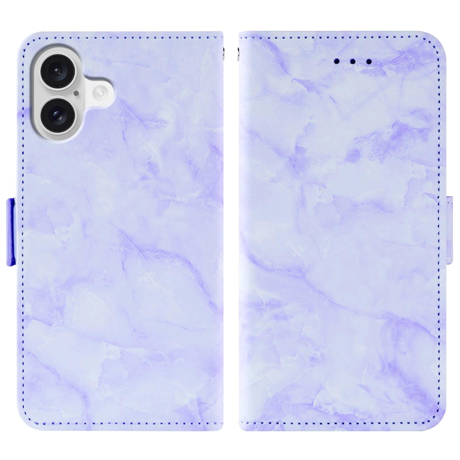 

For iPhone 16 Leather Case Marble Pattern Phone Wallet Stand Cover with Wrist Strap