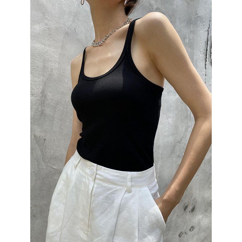 

Fashion Spaghetti Straps Knitted Tops Tight White Spaghetti Strap I-Shaped American Vest for Women Inner Wear Base Outwear Autumn Summer Black S