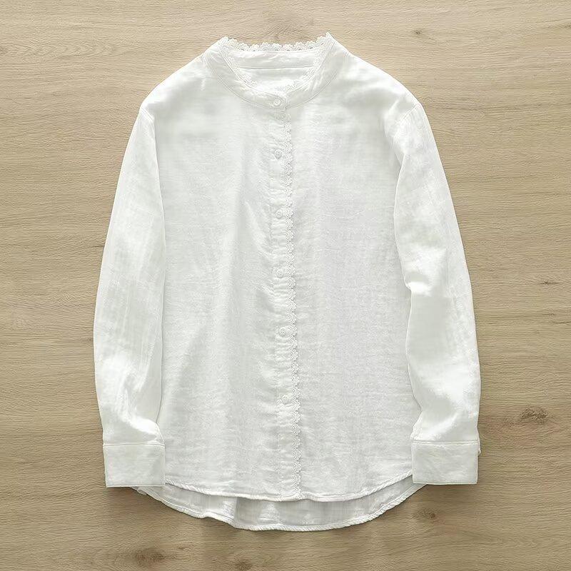 

Женские белые рубашки, кружевные блузки с воротником-стойкой, мягкие свободные женские топы из двойной хлопчатобумажной пряжи с длинными рукавами, весна 2024, новые поступления One Size белый