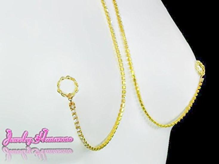 Hanazono Jewelry Owalny Zamknięty Naszyjnik na Sutek z Diamentową Alejką z Kryształem i Złotem, Akcesorium na Sutek, Pierścień na Sutek, Naszyjnik na Sutek, Dekolt,