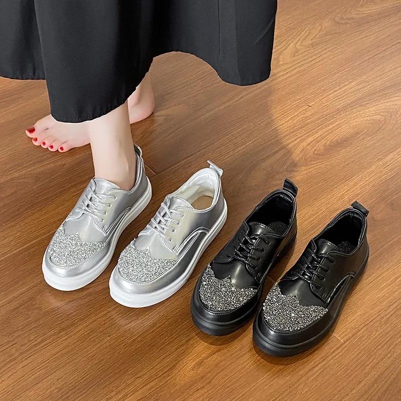 fashion 2024 Hot Sale Women's Shoes Lace-up Women's Vulcanize Shoes Fashion Sequins New Round Head Plus Size Ladies Casual Shoes Zapatos