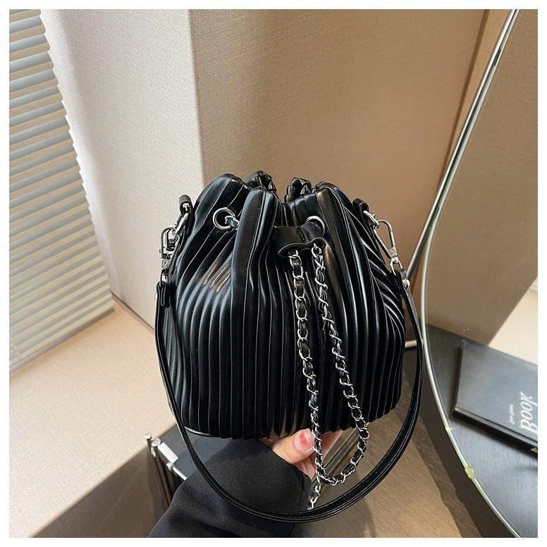 IELGY Summer Pleated Crossbody Drawstring Bucket Bag