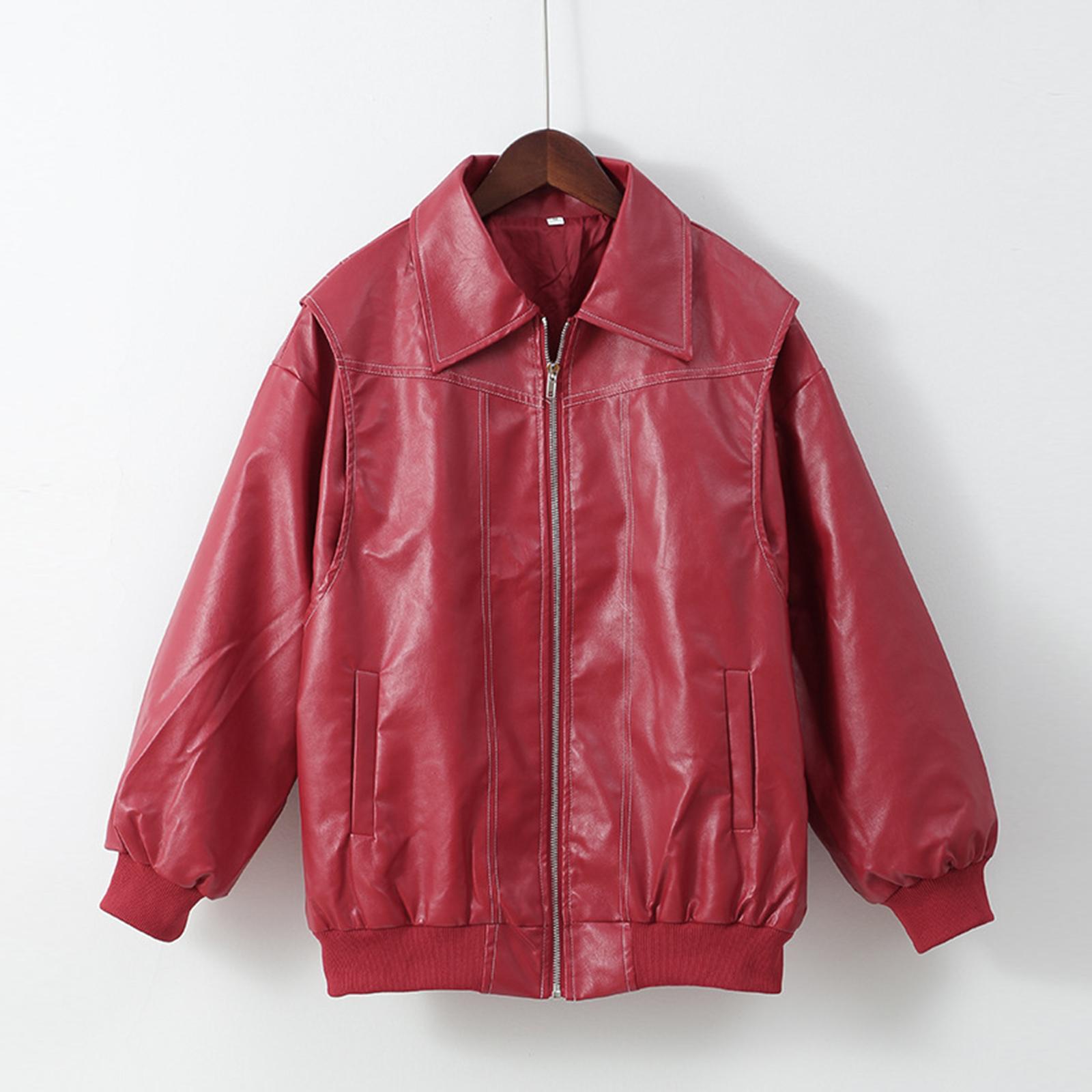 

Women s Fashionable Lapel Long Sleeved Zipper Pocket Loose Temperament Jacket L красный