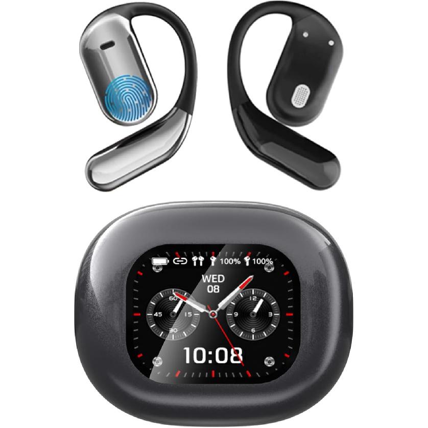 Intelligent Touch Screen Open Ear Earbuds Bluetooth 5.4 Headphones Over The Ear Earbuds 50H Playtime LED Display Charging Case Sport Over Earphones