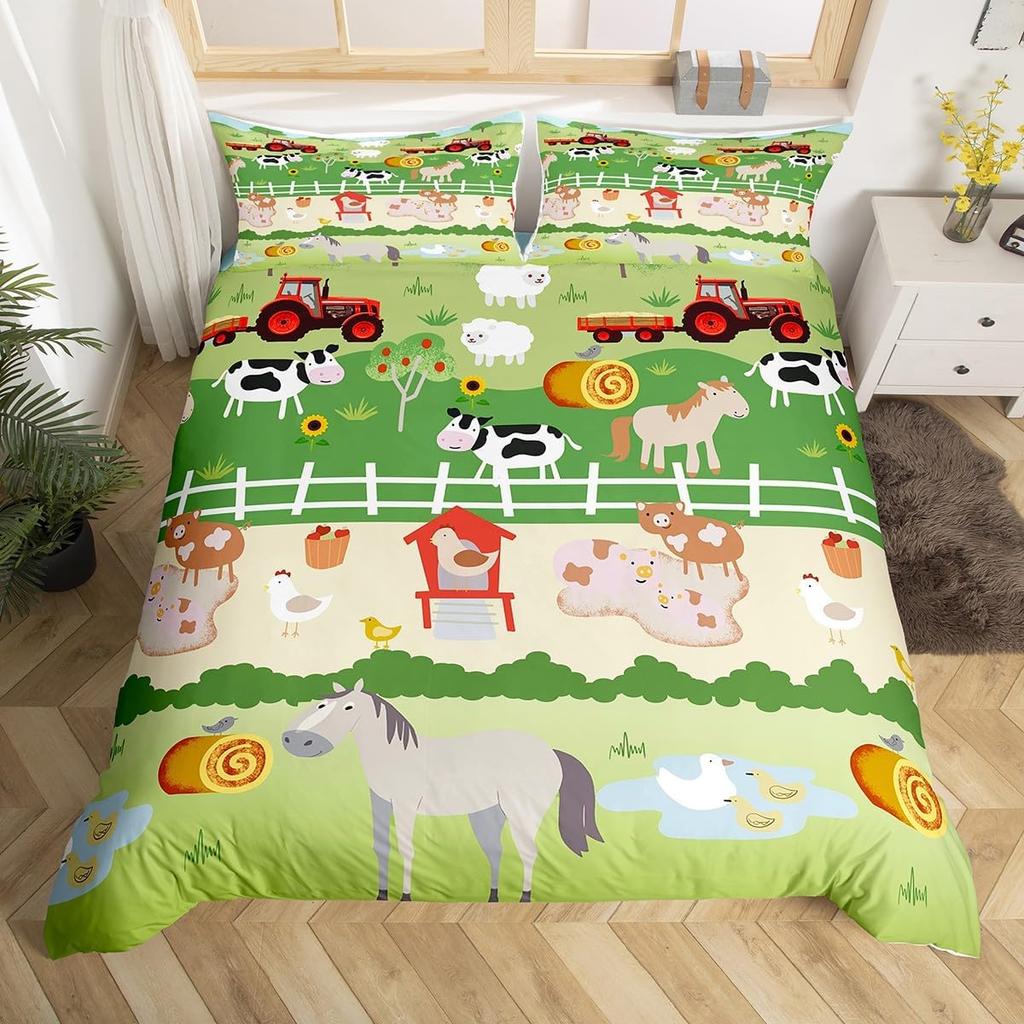 Comforter Cute Cartoon Farm Animal Truck Tractor Bedding Set Farmhouse Country Cozy Comforter For Boys Teen Room Decor