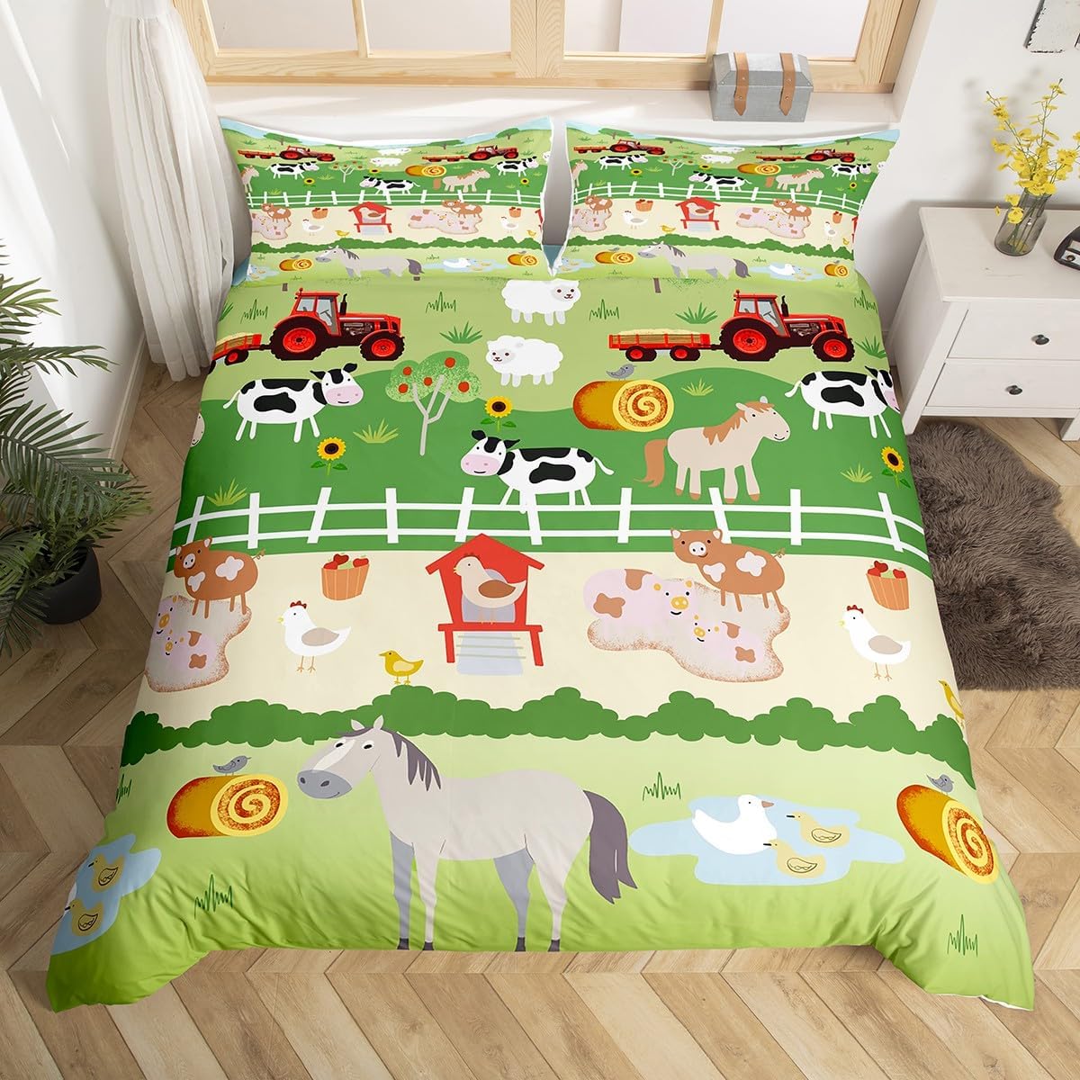 Schattige Cartoon Boerderijdier Dekbedovertrek Vrachtwagen Tractor Beddengoed Set Boerderij Landelijk Gezellig Dekbedovertrek voor Jongens Tiener Kamer Decoratie 150*200cm 3pcs