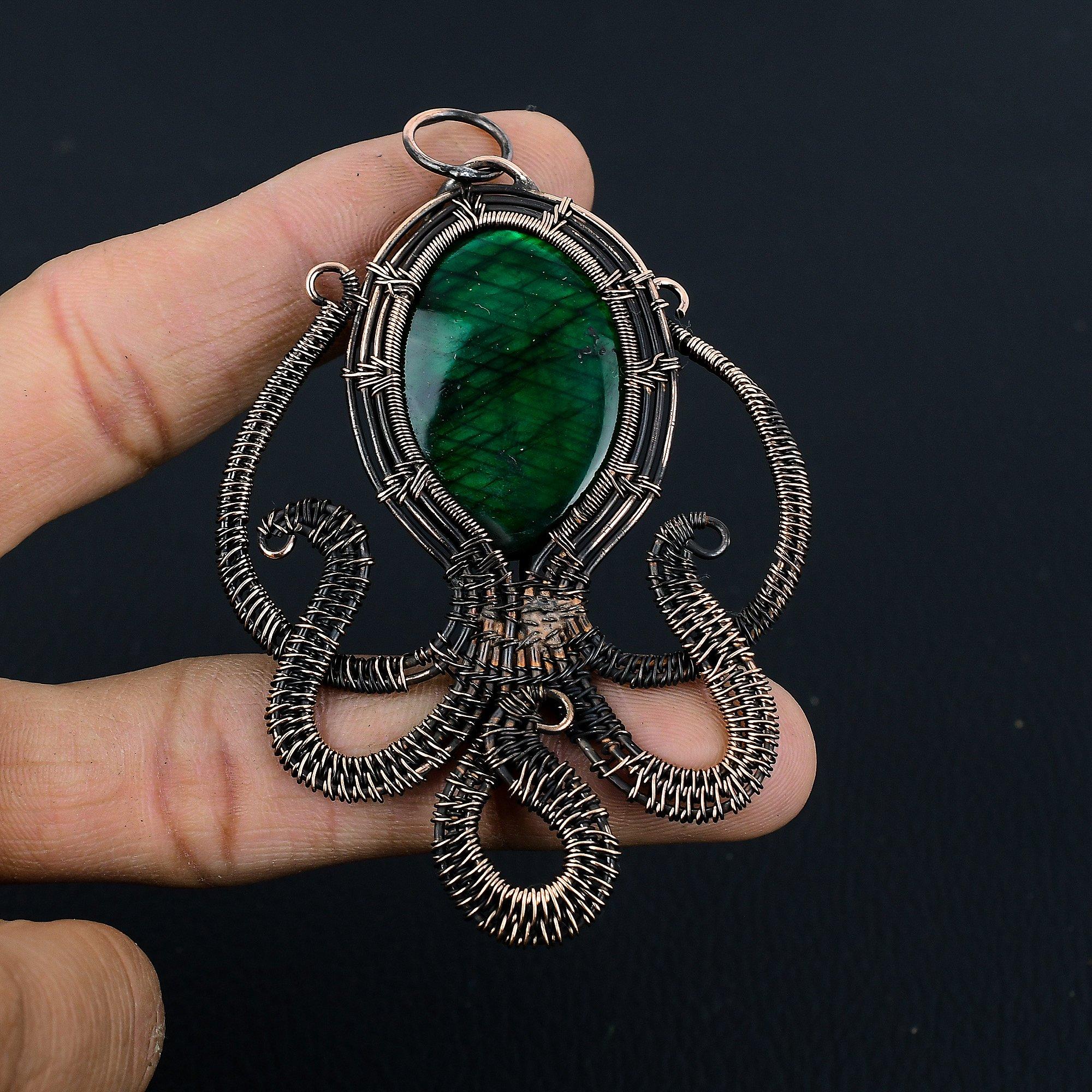 

Green Flash Labradorite Pendant, Handmade Gemstone Pendant, 999 Copper Wire Wrapped Pendant Antique Jewelry, For Engagement Gift 2.55 Inches