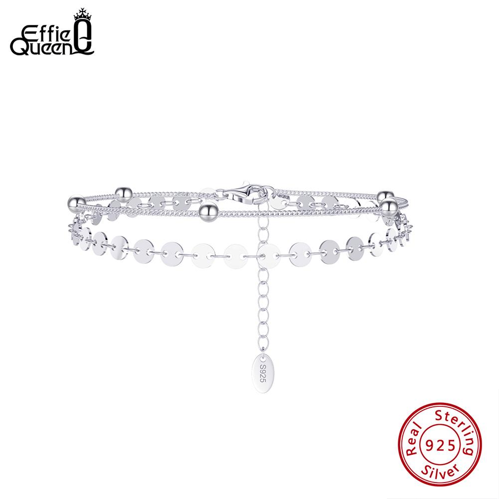 EFFIE QUEEN 925 Sterling Silver Round Bead Sequin Shiny Bracelet Daily Double Layered Chain Beads Bracelet Fashion Jewelry SB174