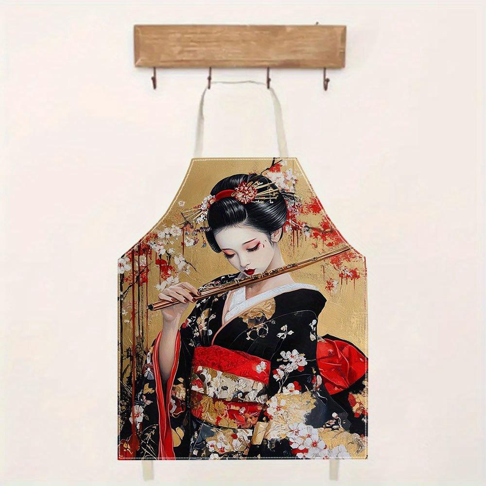 1pc Japanese Geisha Apron Kimono Art Print Kitchen Cooking Baking Waterproof Chef Bib Gift for Women Asian Culture Lover