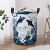 Contemporary Round Laundry Bin Featuring a Marine Life Design, Showcasing a Blue Dolphin And Fish Pattern. This Durable Fabric Storage Container Comes