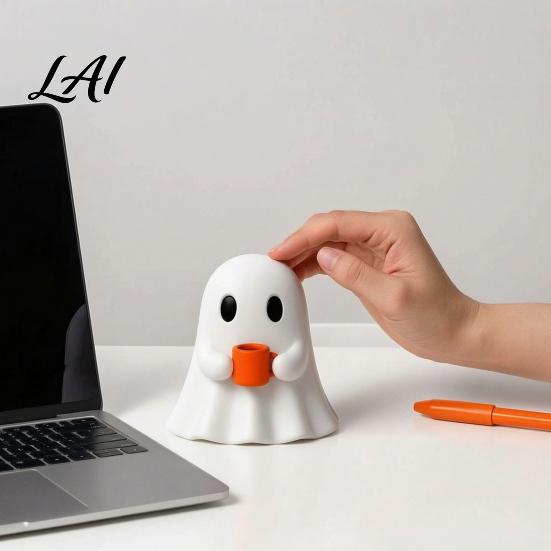 Modern Home Accents Ghost Drinking Coffee Figurine 3D Printed Cute White Holding A Mug Fall Seasonal Decor Statue Spooky Halloween Decoration