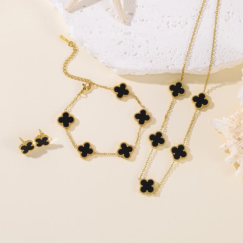 3PCS titanium steel non-fading double-sided four-leaf clover set, women s fashion elegant light luxury clavicle necklace and bracelet necklace+bracelet+earring чёрный