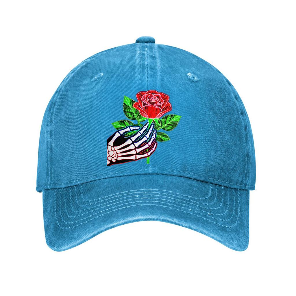 Skeleton Hand Holding Rose Baseball Cap Washed Denim Casual Adjustable Dad Hat Unisex
