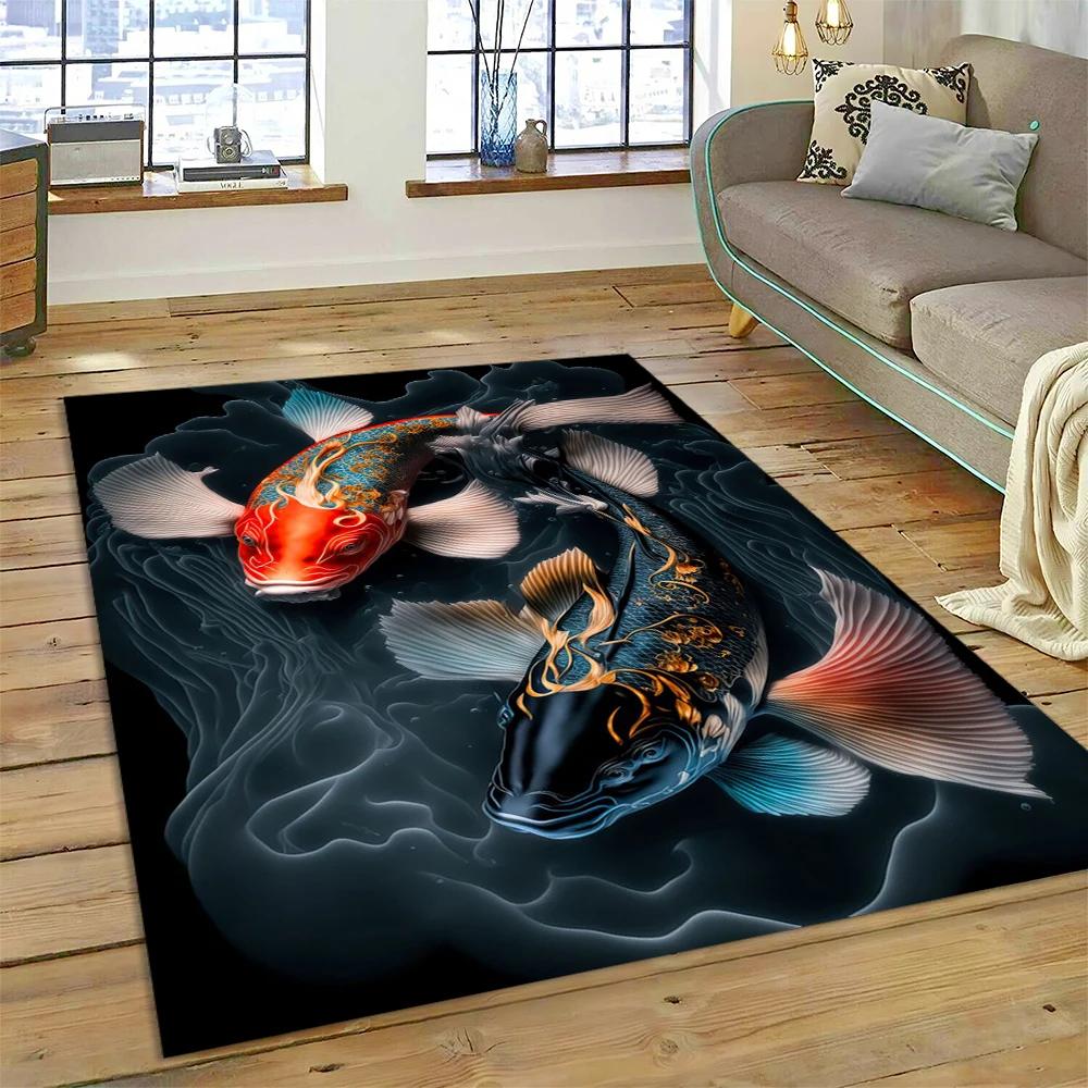 שטיח מצויר דגי קוי יין יאנג טבעיים לבית, לסלון, לחדר השינה, לספה, שטיחון כניסה, קישוט, שטיח אזור לילדים, מחצלת מונעת החלקה