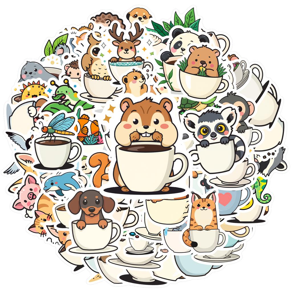 35-100pcs Animal Cup Sticker Album Scrapbooking Decoration Sticker Kawaii Stationery Teacher Reward Stickers Deco Luggage Laptop