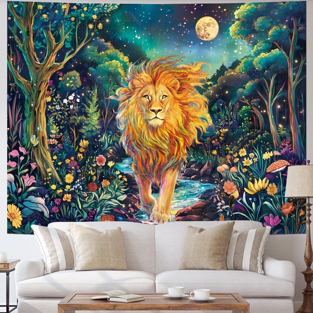 Obsecolors Blacklight Lion Tapestry UV Reactive Forest Wall Tapestry Trippy Galaxy Space Tapestries Colorful Flowers Plant Tapestries Wall Hanging