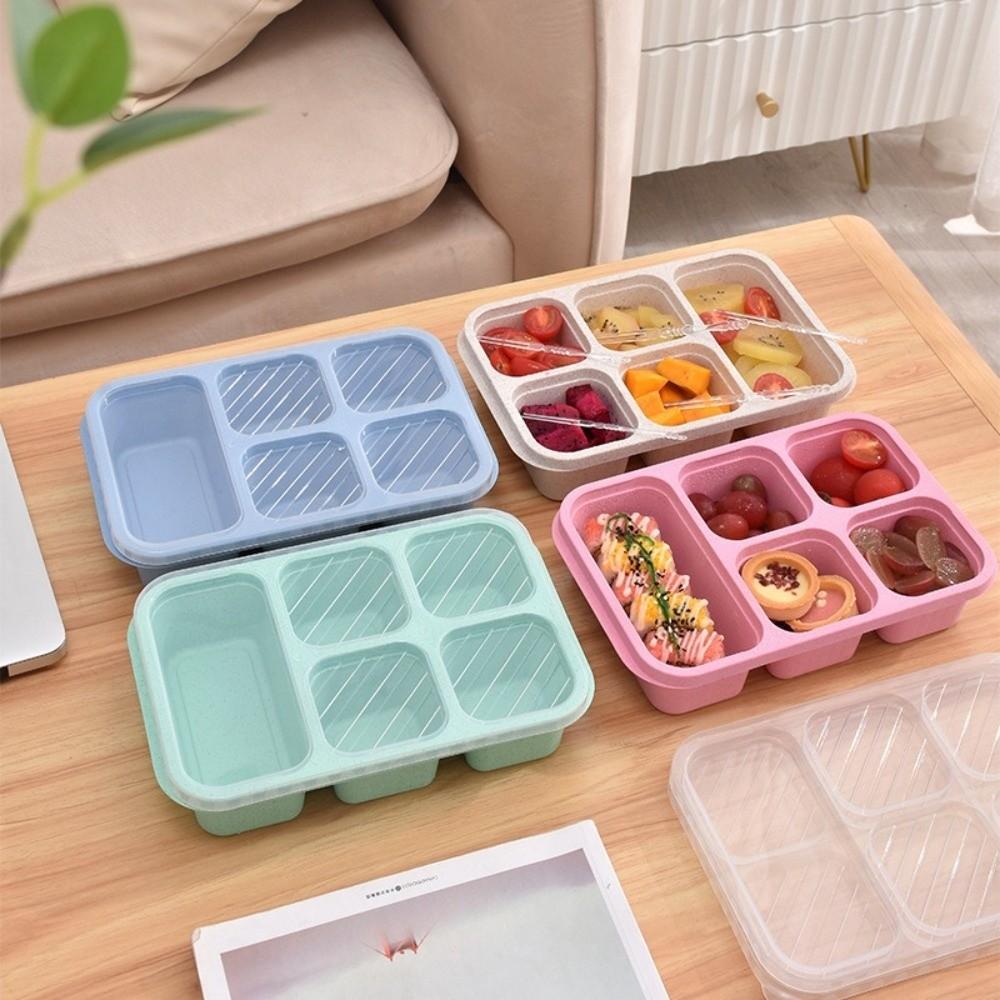 New 5 Compartments Serving Tray with Lid Fresh-keeping Wheat Straw Lunch Box Leak-Proof Food Storage Box Lunch Carrying