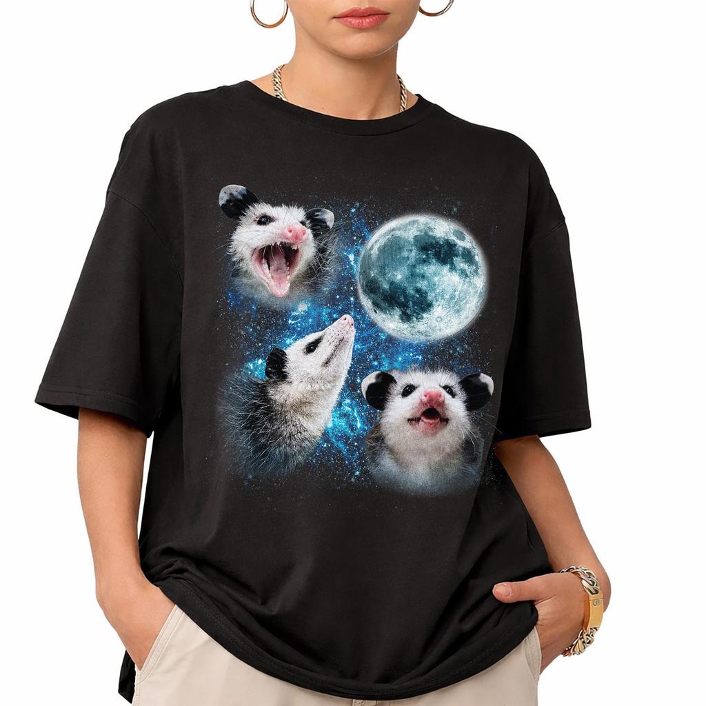 Three Possums Moon Graphic Tee, Retro Backyard Animal Wildlife Shirt