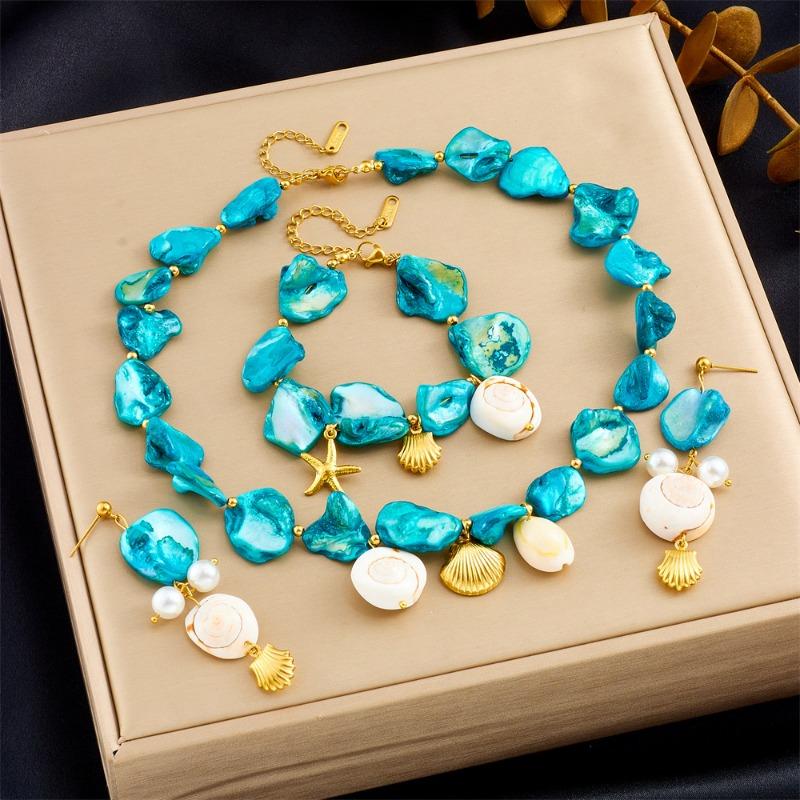 Gold Plated Blue Shell Pearl Ocean Jewelry Set (Necklace, Bracelet & Earrings) синий