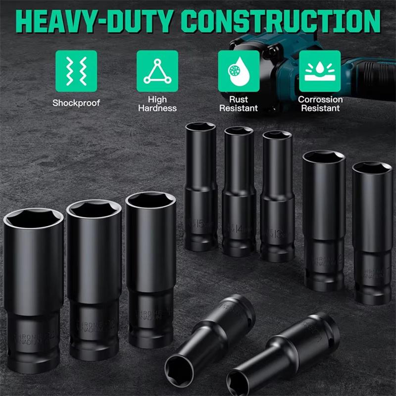 1/2 Inch Drive 6-Point Impact Socket Set 10-Piece Metric Sizes 8mm to 24mm Carbon Steel with Hard Storage Box for Mechanics
