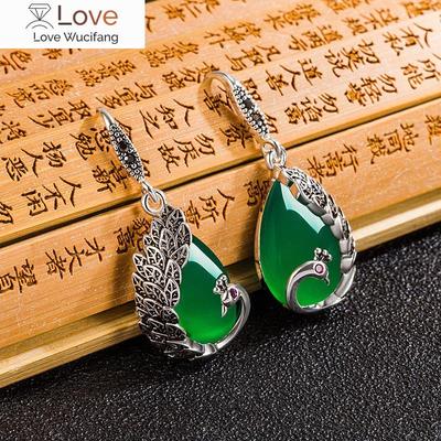 Ethnic Style Peacock Chalcedony Drop Earrings For Women Vintage Thai Silver Water Drop Green Agate Earring Party Palace Jewelry