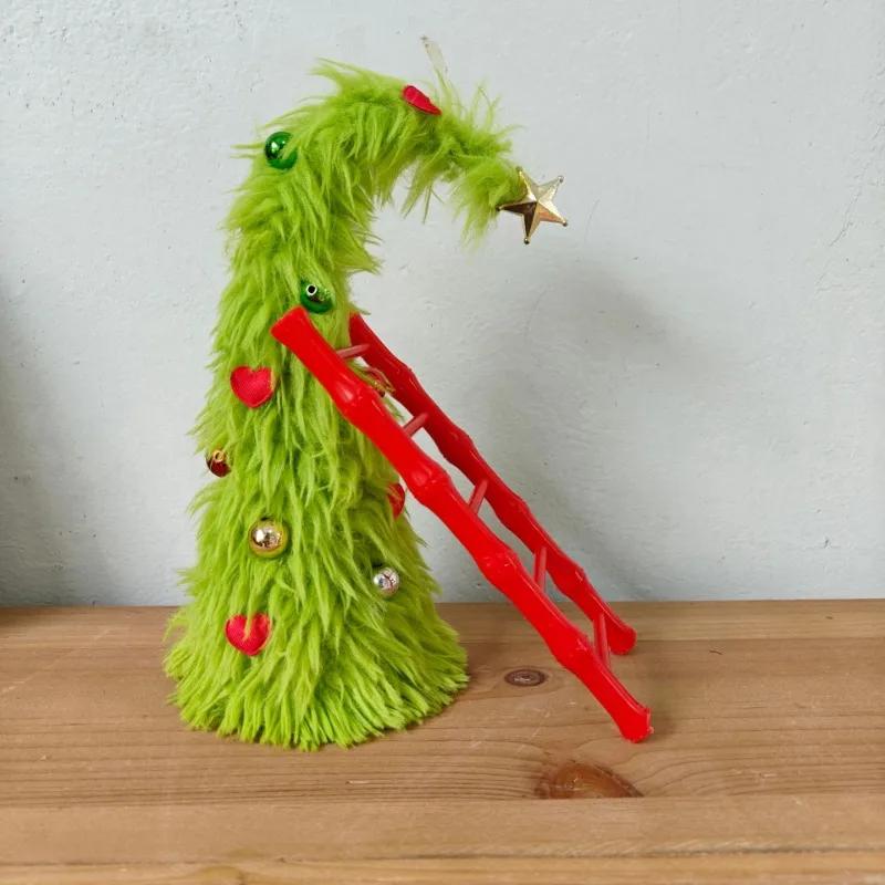 Bendable Plush Christmas Tree Holiday Desktop Ornament with Mini Ladder for Party Decorations