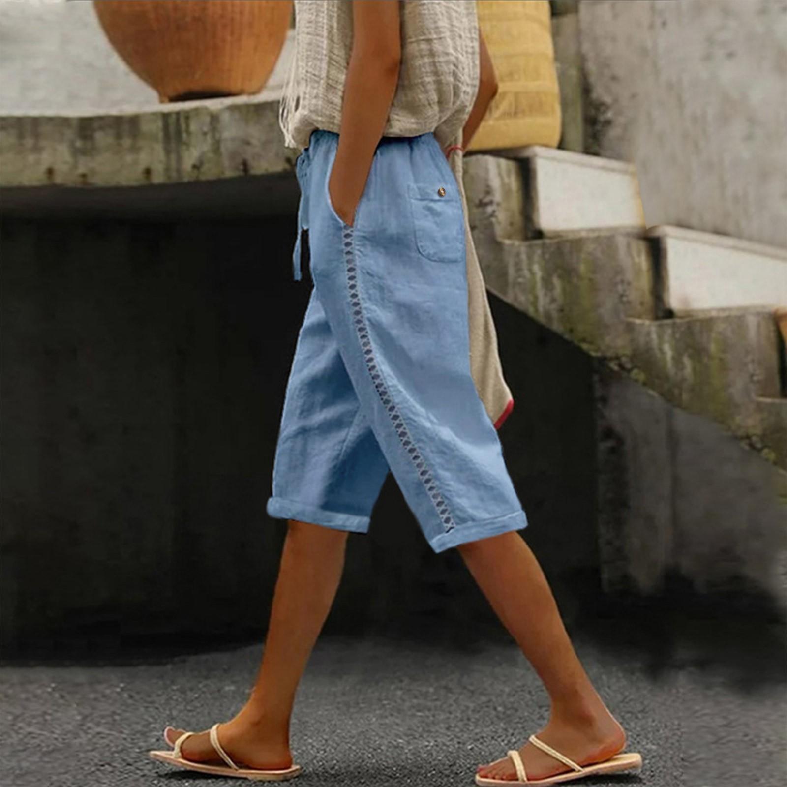 

Pants For Women Elastic High Waist Out 3/4 Pants Lightweight Summer Shorts With Pockets M