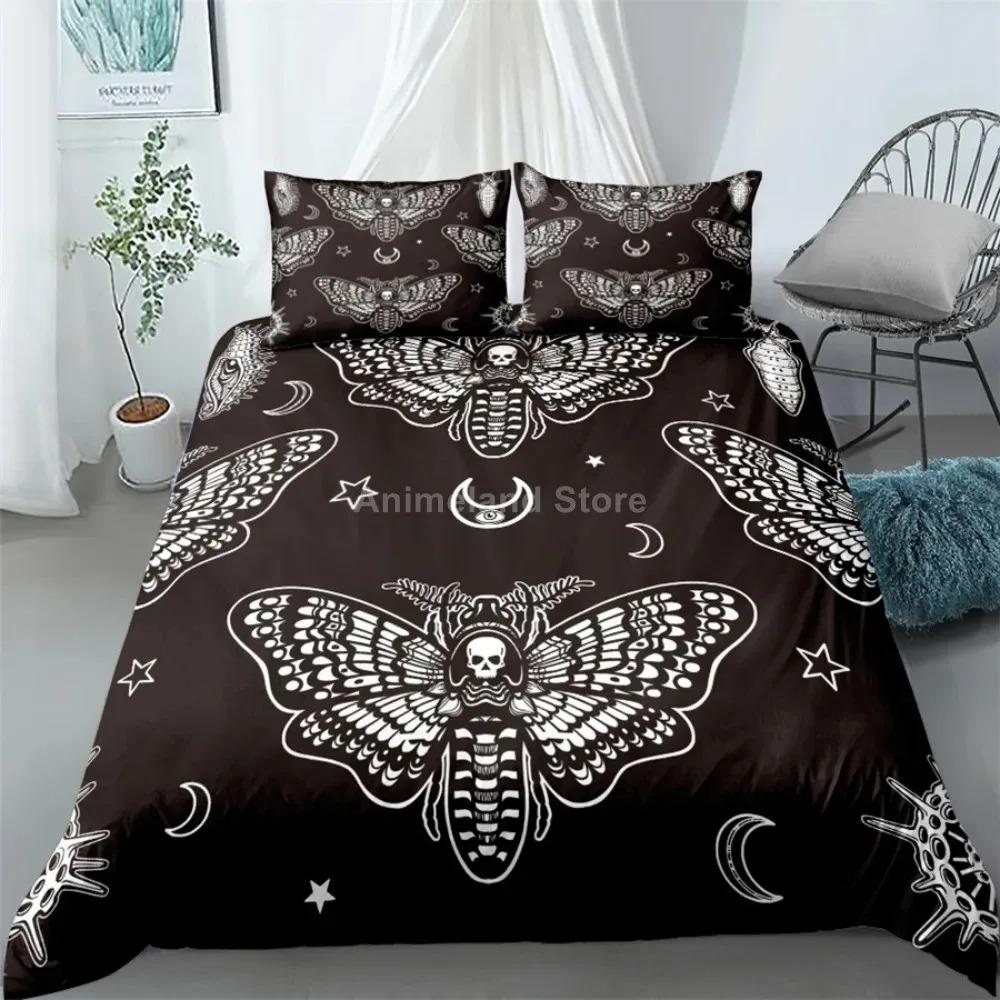 Gothic Skul Soft Duvet Cover Set, Death Moth Plus Flowers Warm Comforter Cover King Personalized Skeleton Bones Beding Sets Black Cream