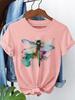 Women's Casual Short Sleeve Crew Neck T-Shirt Watercolor Dragonfly Ink Splatter Graphic Print White with Green Purple Art Trendy