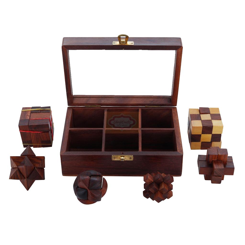 Shriji Crafts Wooden Puzzle Game Handcrafted 6 In 1 Puzzle Game Set Brain Teaser for Teens and Adults & Children