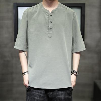 Sommer Herren Einfarbig Eis Seide Lässig Hanfu Chinesischer Stil Große Größe Plattenschnalle T-Shirt Herren
