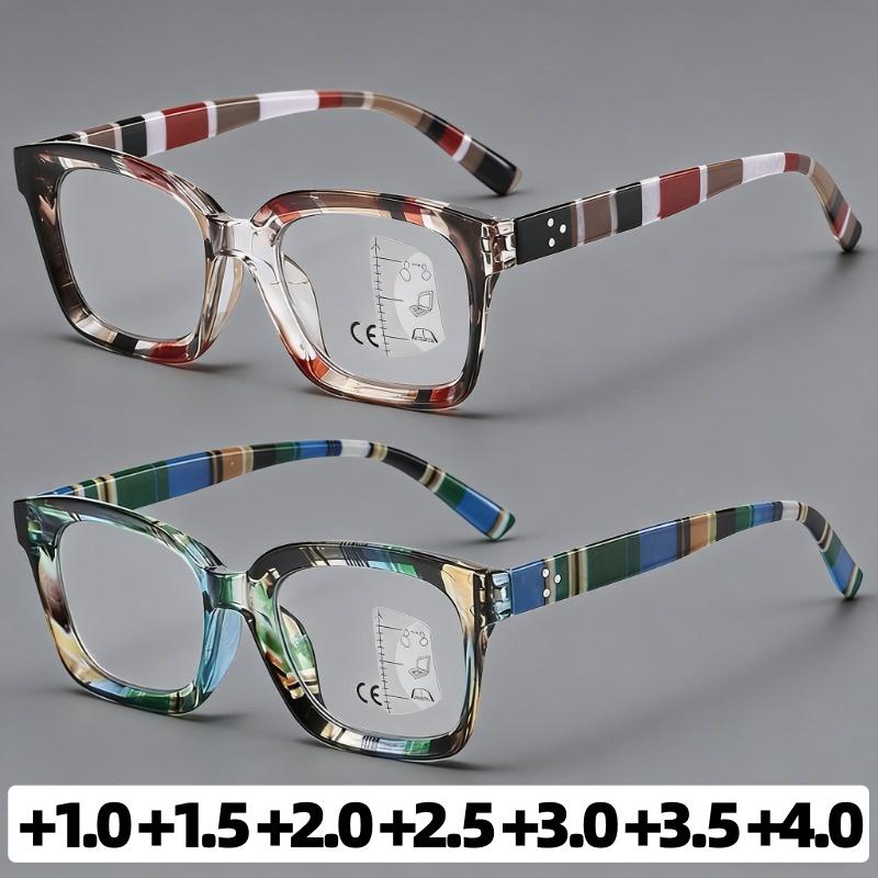 Unisex Fashionable Multifocal Presbyopia Glasses Fashionable Striped Frame Blue Light Blocking Glasses for Farsightedness +4.0